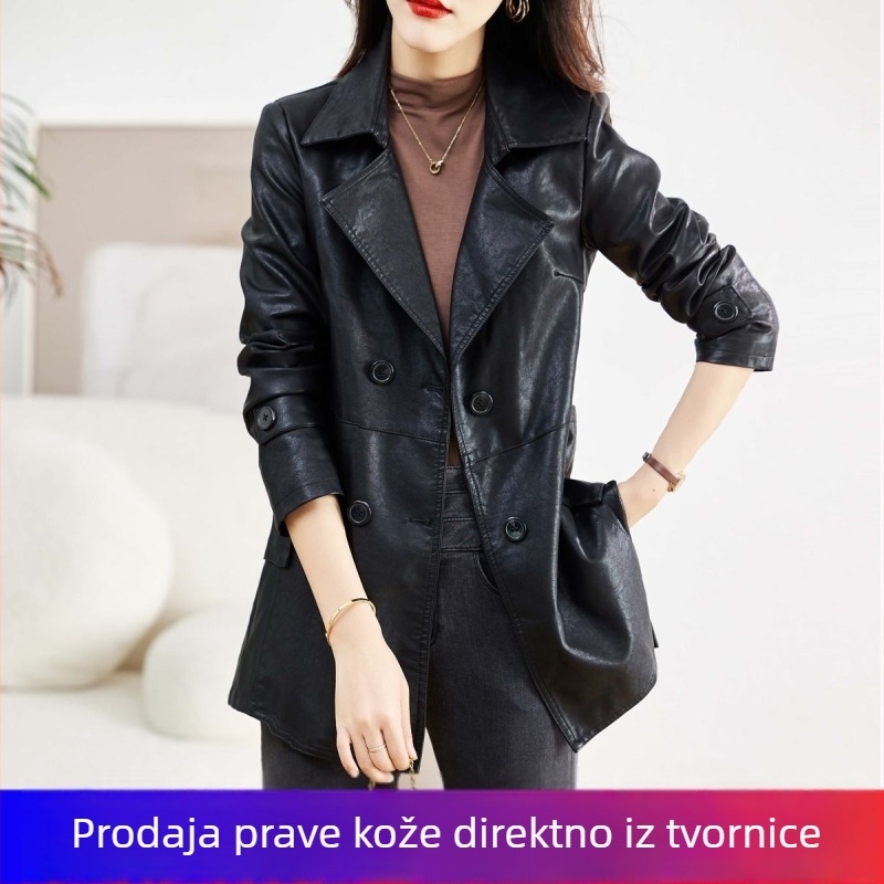 Ženska kožna jakna, srednje duljine, naglašava struk, duge rukave, od prave ovčje kože