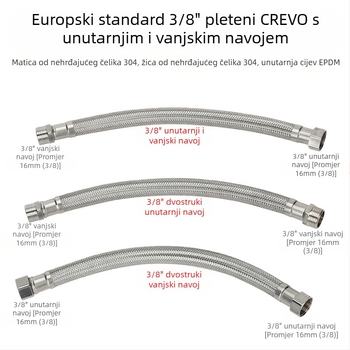 Nehrđajući čelični opleteni adapter s vanjskim navojem 3/8, 304 SS, ručno spajanje, 0–90°C, 1.0 MPa