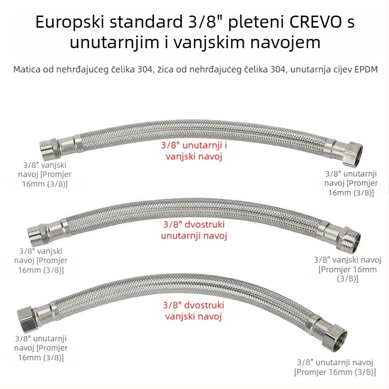 Nehrđajući čelični opleteni adapter s vanjskim navojem 3/8, 304 SS, ručno spajanje, 0–90°C, 1.0 MPa