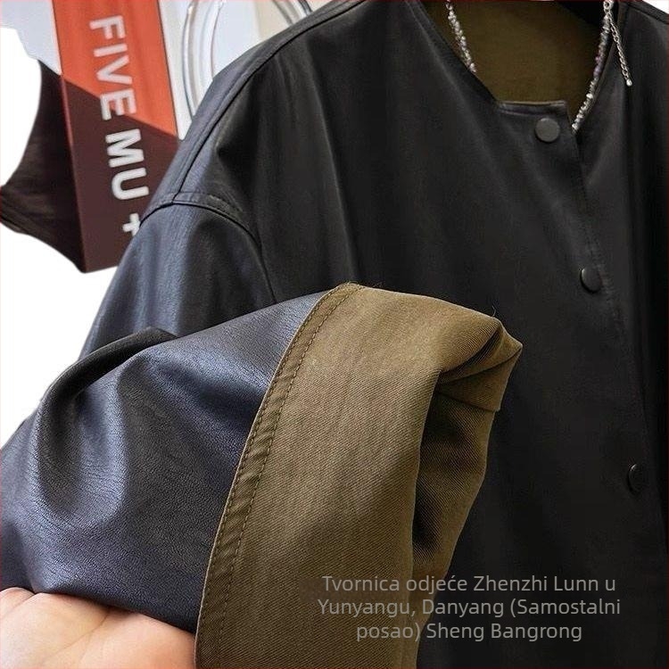 Ženska jakna od umjetne kože, okrugli ovratnik, ultra kratka duljina, ležerni kroj, proljeće 2025