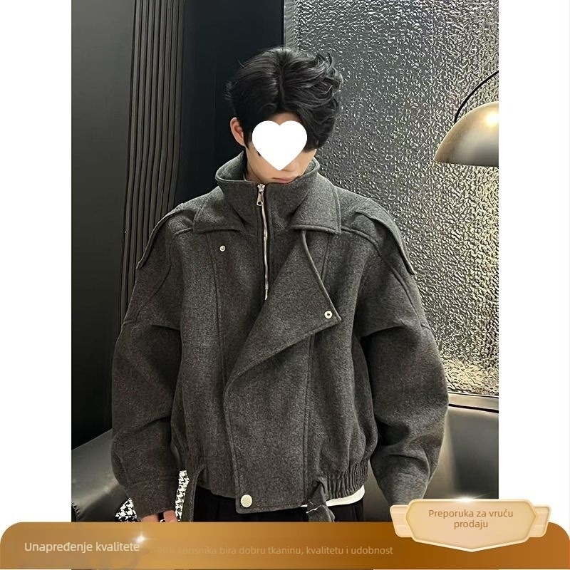 Jakna od korduroja s vunenim podstavkom, slobodan kroj, diagonalni zatvarač, stojeći ovratnik bez kapulje, proljeće 2025