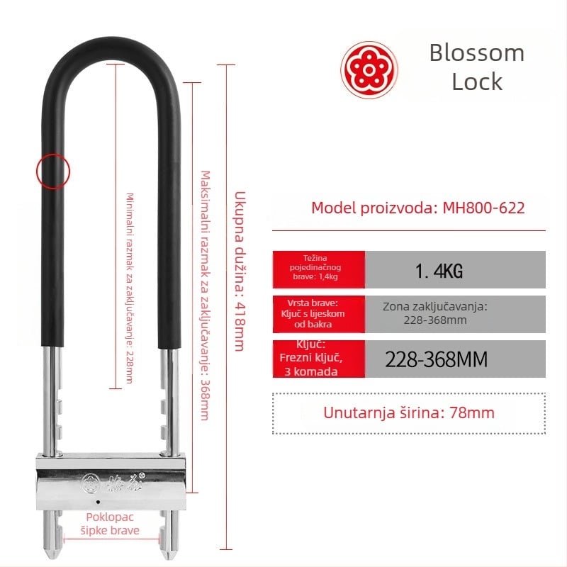 U-oblik mortise brava za staklena vrata i trgovinska vrata, model MH800-622, od legure čelika, težina 1400 g, stil moderni minimalistički