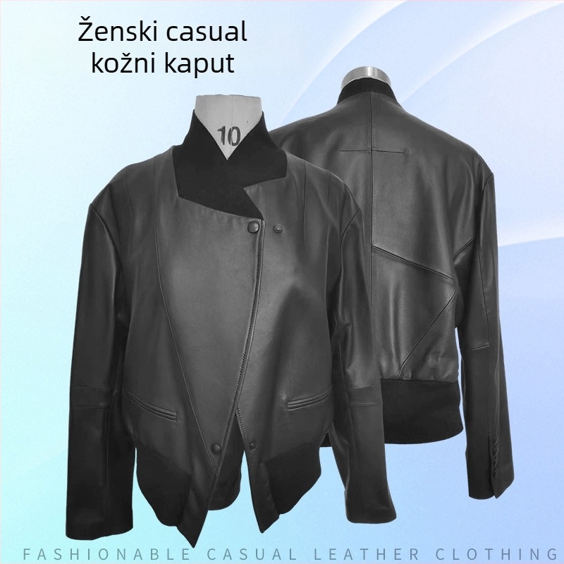 Ženska kožna jakna od ovčje kože, punk stil, gradski hipster, polu-visoki ovratnik, dugi rukav, duljina 50–65 cm