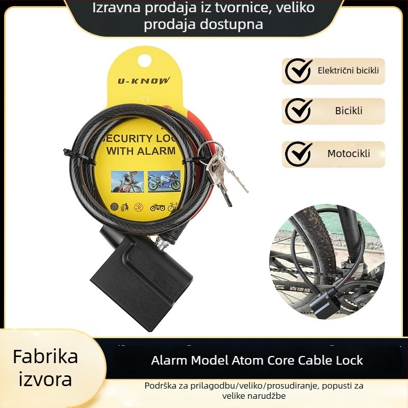 Alarmni kabel zaključavanje za bicikle i električna vozila; čelični kabel + PVC, model Alarm cable lock, težina 195 g, pogodno za planinske bicikle i druga vozila