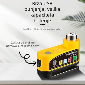 Alarmni disk-blokada s otiskom prsta – punjiva, tijelo od legure, pristup otiskom prsta, za bicikle, električna vozila, motocikle, tricikle i baterijska vozila; težina 500 g.