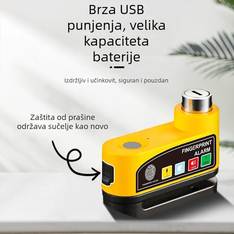 Alarmni disk-blokada s otiskom prsta – punjiva, tijelo od legure, pristup otiskom prsta, za bicikle, električna vozila, motocikle, tricikle i baterijska vozila; težina 500 g.
