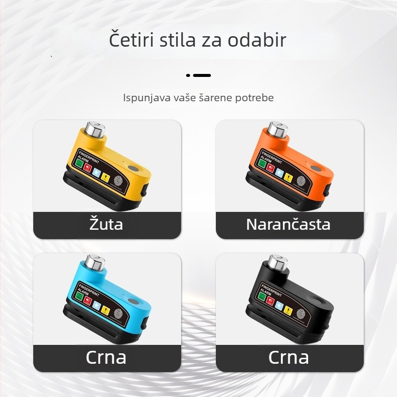 Alarmni disk-blokada s otiskom prsta – punjiva, tijelo od legure, pristup otiskom prsta, za bicikle, električna vozila, motocikle, tricikle i baterijska vozila; težina 500 g.