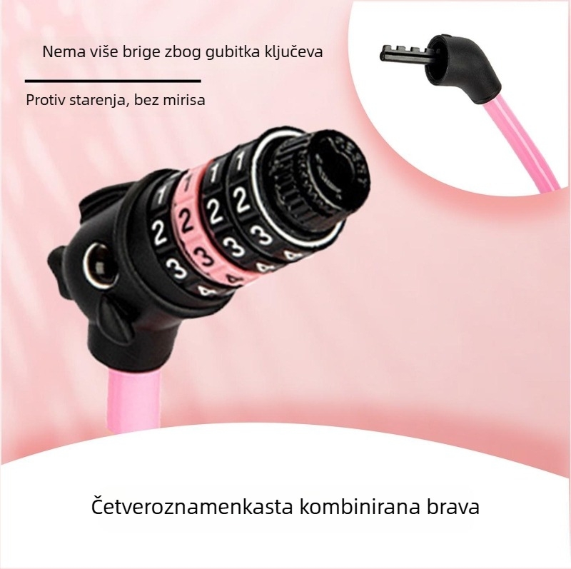 Četverocifrena kombinacijska brava za bicikl s dizajnom ribje glave, čelični kabel s PVC omotom; težina 138 g; pogodna za bicikle, planinske bicikle i električna vozila