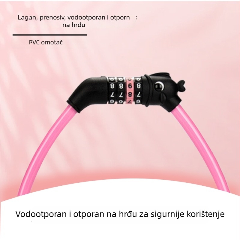 Četverocifrena kombinacijska brava za bicikl s dizajnom ribje glave, čelični kabel s PVC omotom; težina 138 g; pogodna za bicikle, planinske bicikle i električna vozila