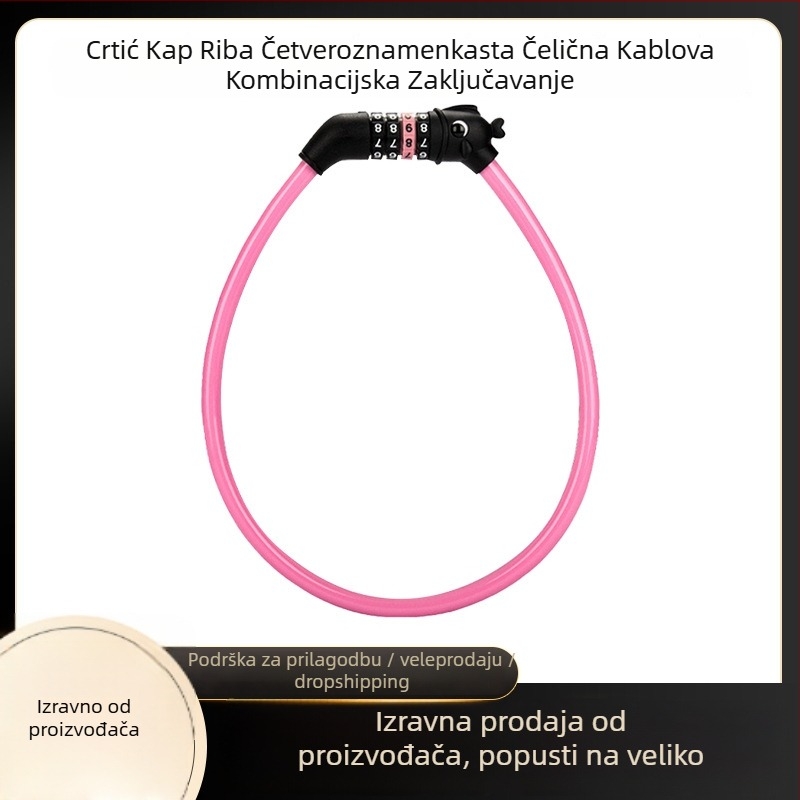 Četverocifrena kombinacijska brava za bicikl s dizajnom ribje glave, čelični kabel s PVC omotom; težina 138 g; pogodna za bicikle, planinske bicikle i električna vozila