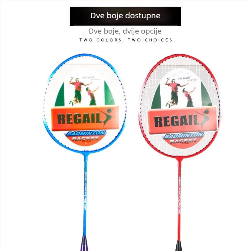 Regail 7007 set reketa za badminton — trenizni reketa s čeličnim okvirom, drška G4, tvrdi štap, 64×20