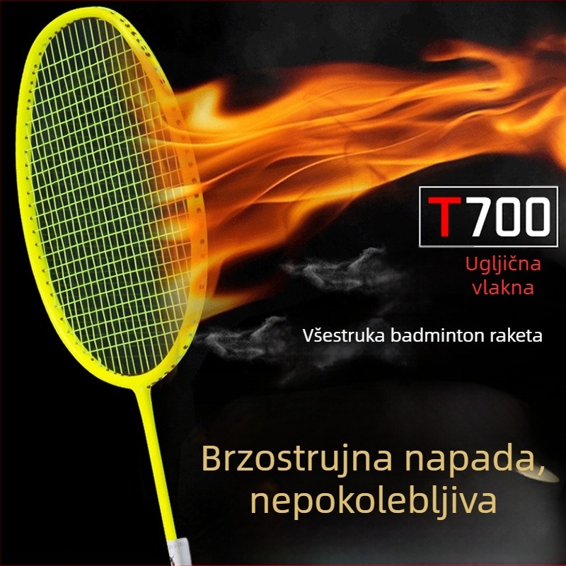 Raketa za badminton s karbonskim okvirom, vlakna svile kao struna, težina 80–84 g, debljina drške G5, srednja čvrstoća šipke, ravna glava, za amatere i napredne igrače