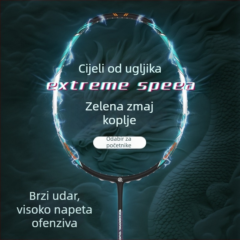 Raketa za badminton Global Wind – okvir od karbonskih vlakana, težina 75–79 g, držač G5, srednja tvrdoća osovine, ravna raketa