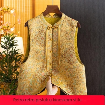 Ženski kineski stil veste s visokim stojećim ovratnikom, bez rukava, Tang inspiriran dizajnom, prednje kopčanje gumbima