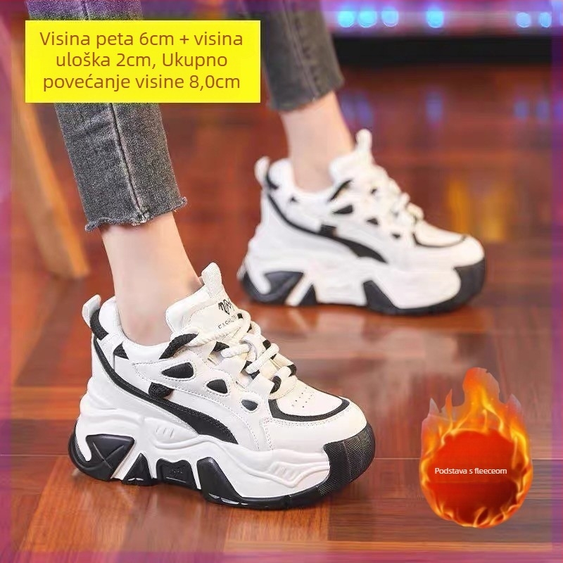 Ženske tenisice s unutarnjim povećanjem visine, chunky stil, gornji dio od umjetnog flisa, vezanje, niski potplat (0–1 cm), rocking potplat, jednofarbni uzorak