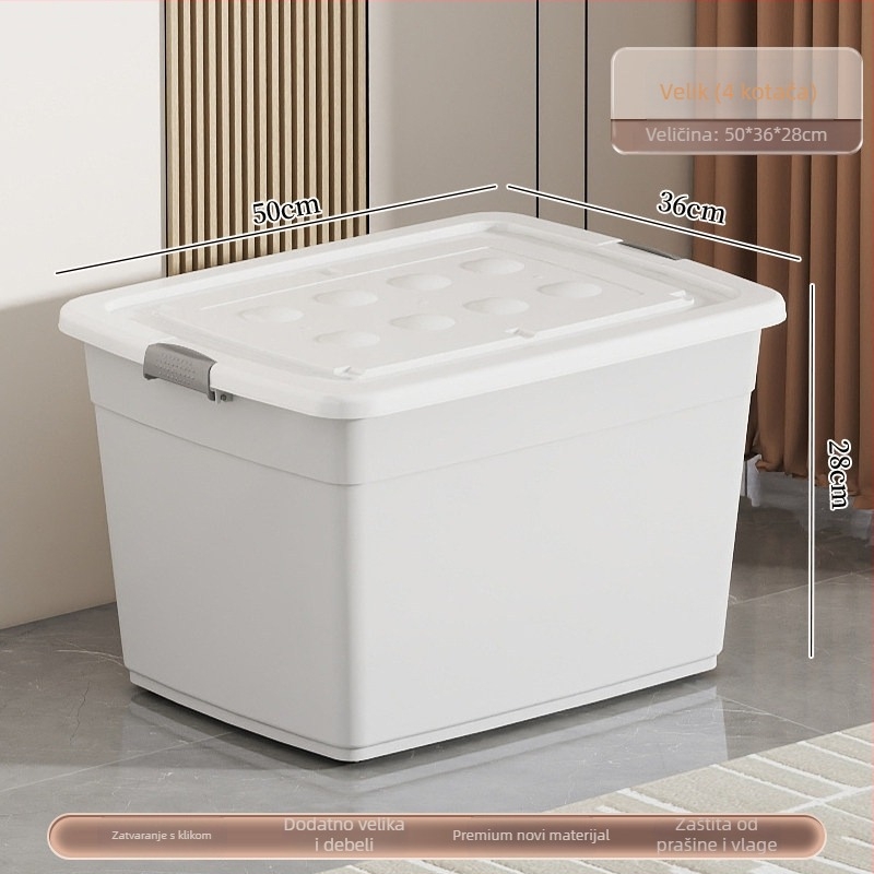 Plastična kutija za skladištenje, PP materijal, kapacitet 40–50 L, s kotačićima, zatvarač na klik, vodootporna i otporna na prašinu