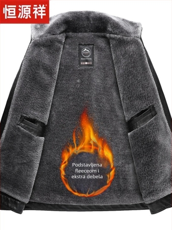 Muška kožna jakna od prave kože, s fleece podstavom, zip zatvarač, rever, uzorak blok boja, više džepova