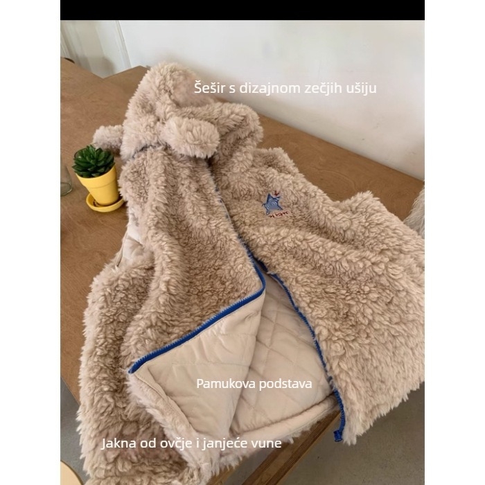 Ženska quiltana vest s kapuljačom i ušima medvjeda, zatvarač, V-izrez, vuneno punjenje, vanjski materijal rayon, A-linijski kroj