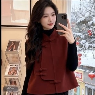 Dvooslojna baršun vest s ovratnikom-šalom, jednoradna kopča s gumbima, poliester tkanina, poliester punilo, kineski stil