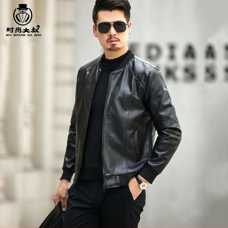 PU kožna jakna za muškarce — korejski stil, stojeći ovratnik, zip zatvarač, srednja duljina, uski casual kroj