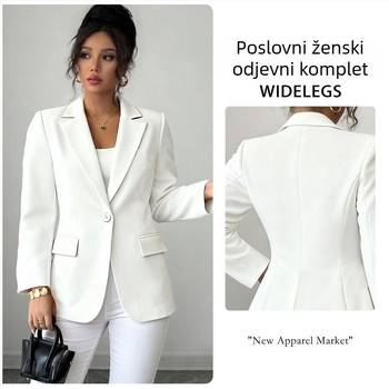 Bijeli ženski kostim s blejzerom – uski kroj, V-izrez, blok boja, poliester, srednje duljine sako, dugi rukavi