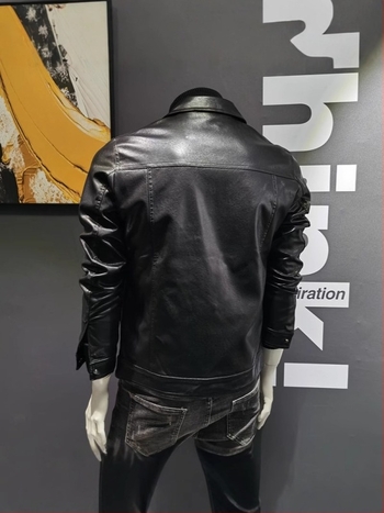 Muška PU kožna jakna - korejski stil, uski kroj, rever, bočne džepove