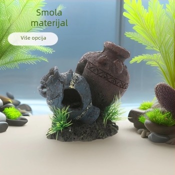 Dekorativni predmet za akvarij od smole - Mahovasti mikro-krajobraz s kamnitim skloništem, za ribe i škampe; stvara atmosferu i poboljšava prostornu percepciju