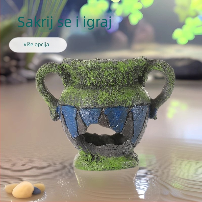 Dekorativni predmet za akvarij od smole - Mahovasti mikro-krajobraz s kamnitim skloništem, za ribe i škampe; stvara atmosferu i poboljšava prostornu percepciju