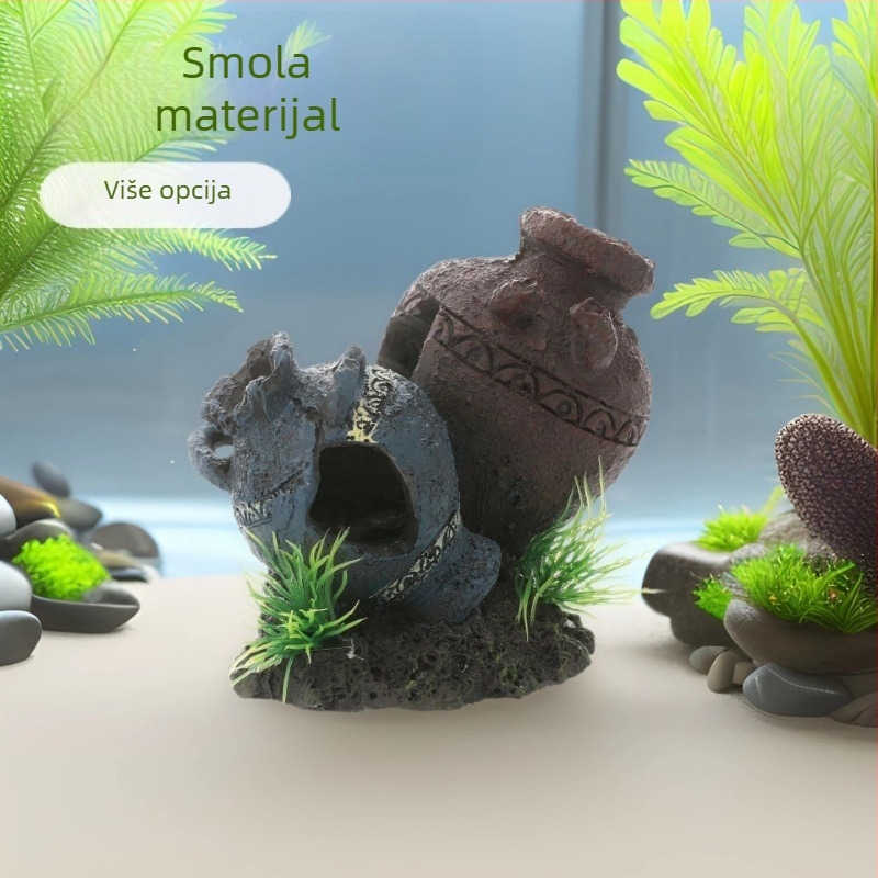 Dekorativni predmet za akvarij od smole - Mahovasti mikro-krajobraz s kamnitim skloništem, za ribe i škampe; stvara atmosferu i poboljšava prostornu percepciju