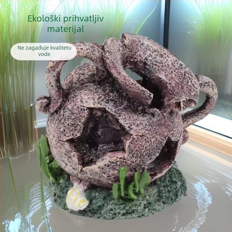 Dekorativni predmet za akvarij od smole - Mahovasti mikro-krajobraz s kamnitim skloništem, za ribe i škampe; stvara atmosferu i poboljšava prostornu percepciju