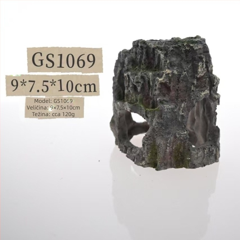 Dekorativni predmet za akvarij od smole - Mahovasti mikro-krajobraz s kamnitim skloništem, za ribe i škampe; stvara atmosferu i poboljšava prostornu percepciju