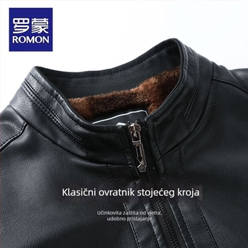 Romon muška kožna jakna s flis podstavom, debela zimska jakna sa stojećim ovratnikom