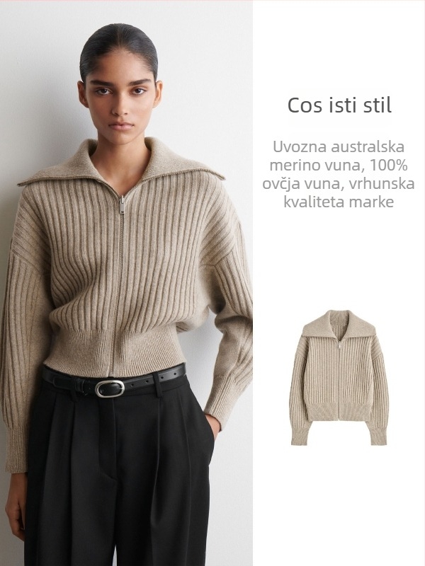 Kardigan od 95% vune, debeo, polu-visoki ovratnik, zatvarač, dugi rukavi