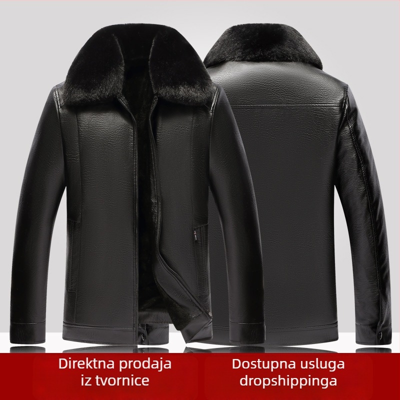 Muška PU kožna jakna s fleece podstavom, dvostruki ovratnik, zatvarač, više džepova, slobodan kroj, Zima 2025