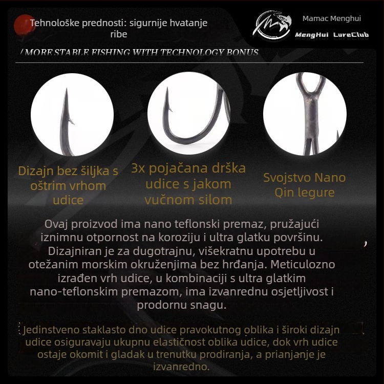 Ribički udica s tri kuka, oštra špička, trostruko ojačanje, visoko ugljični čelik, izuzetno glatka prevlaka