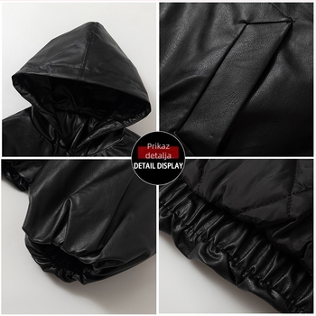 PU kožna jakna, vintage stil, kapuljača, široka silueta, zip zatvaranje, poliester podstava