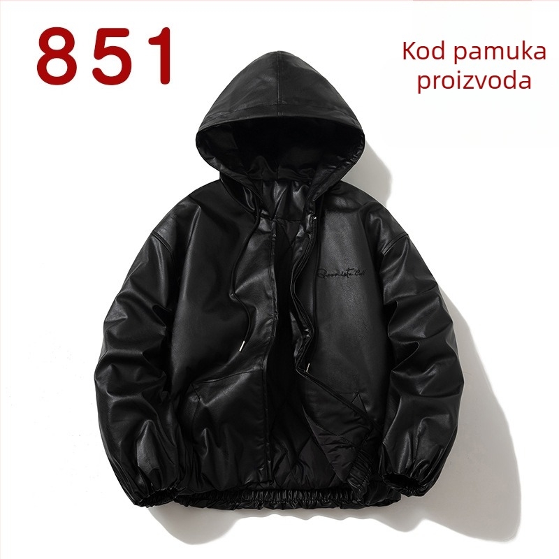 PU kožna jakna, vintage stil, kapuljača, široka silueta, zip zatvaranje, poliester podstava