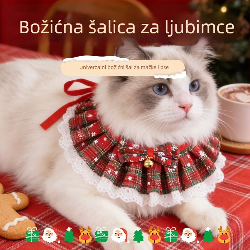 Ogrlica za kućne ljubimce sa zvoncem, šal od organze čipke i bib za mačke i pse; karirani uzorak, organza materijal, vez, glatko tkanje, četiri sezone korištenja