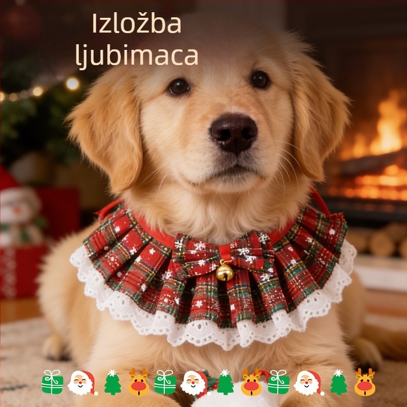 Ogrlica za kućne ljubimce sa zvoncem, šal od organze čipke i bib za mačke i pse; karirani uzorak, organza materijal, vez, glatko tkanje, četiri sezone korištenja