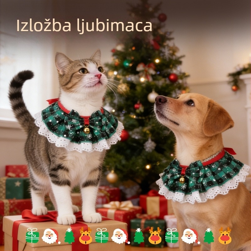 Ogrlica za kućne ljubimce sa zvoncem, šal od organze čipke i bib za mačke i pse; karirani uzorak, organza materijal, vez, glatko tkanje, četiri sezone korištenja
