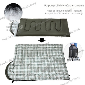 Spavaći vreća u stilu omotnice, debela, s kapuljačom, za odrasle; idealna za planinarenje i penjanje. Težina: 2.1 kg; Punjac: spun filament cotton; Podstava: poli-cotton; Tkanina: poliester satenski.
