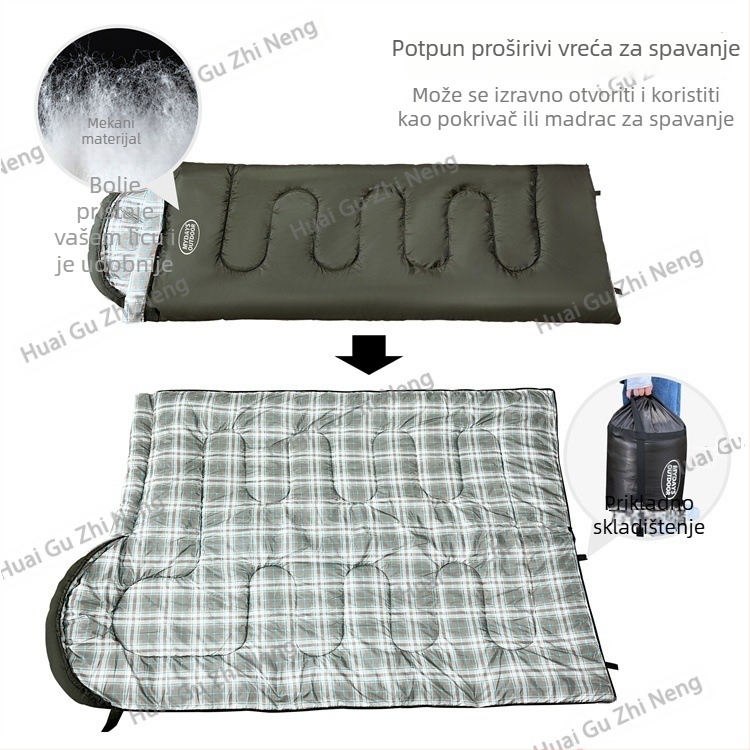 Spavaći vreća u stilu omotnice, debela, s kapuljačom, za odrasle; idealna za planinarenje i penjanje. Težina: 2.1 kg; Punjac: spun filament cotton; Podstava: poli-cotton; Tkanina: poliester satenski.