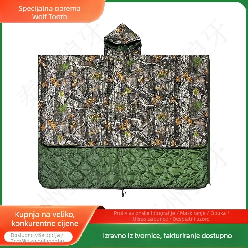 Vreća za spavanje u pončo stilu s maskirnim uzorkom, prijenosna i topla; Struktura: Poncho stil; Nadomještaj: poliester-pamučna smjesa; Materijal: poliester; Podstava: Chunya Spinning; Za odrasle
