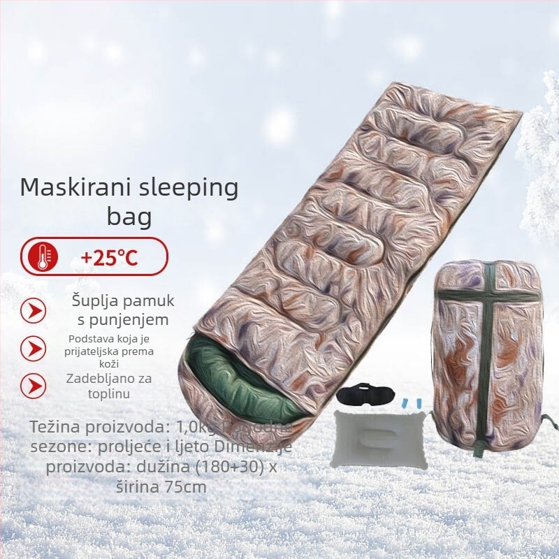 Spavaća vreća u stilu omotnice s kamuflažom, za outdoor planinarenje i kampiranje, topla i debela, punilo: šuplja pamuk, podstava: Spring Asia Spinning, tkanina: poliester, za odrasle, težina 1000 g