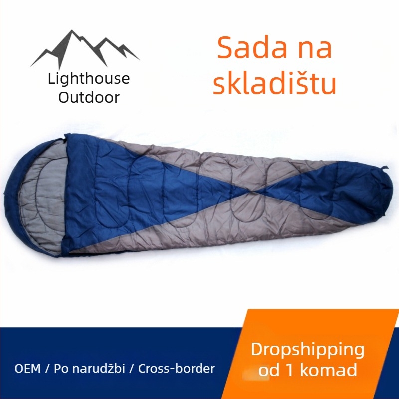 Spavaća vreća tipa mumija, punilo od šuplje pamuk vlakna, podstava od poliestera, tkanina poliestera, težina 1,2 kg