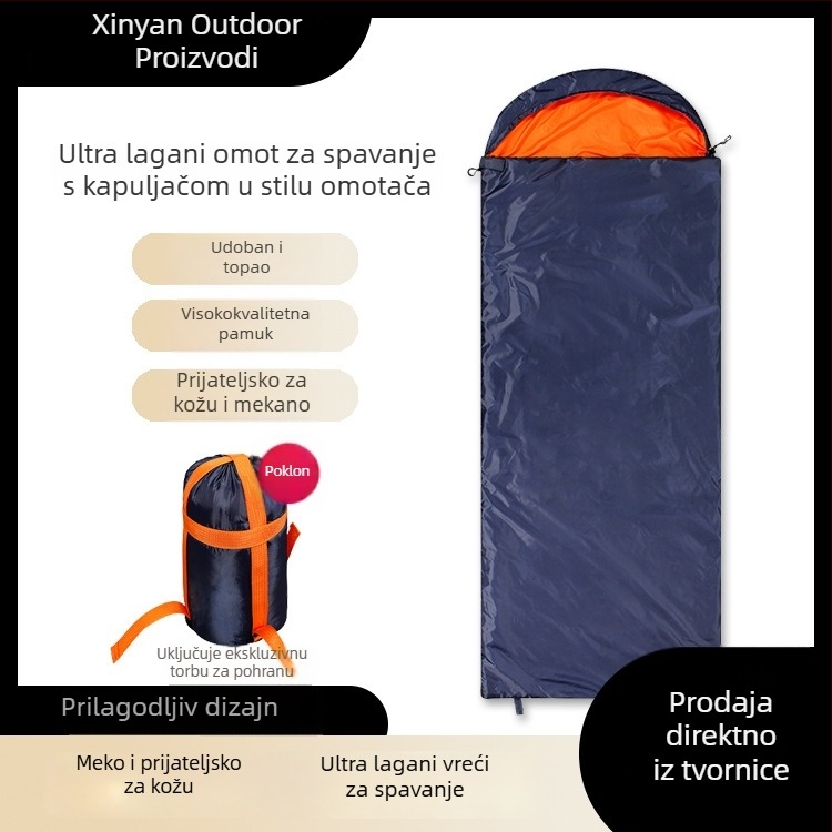 Spavaći vreć s kapuljom u kovert-stilu, punjenje od imitacije svilene vate, podstava 190 pongee, tkanina 190T poliestera, za odrasle, 750 g