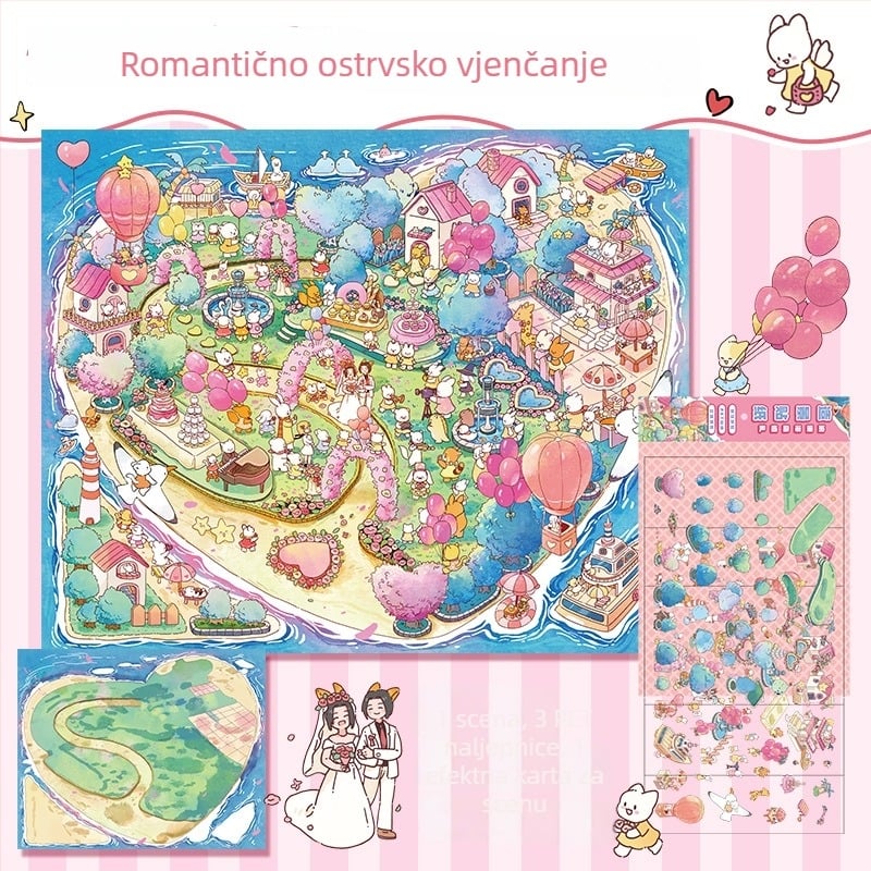 Art Blue 3D mikrolandschaft naljepnica set — romantična otokna svadbena tema, PET materijal, korejski stil, prilagodljivo s logotipom