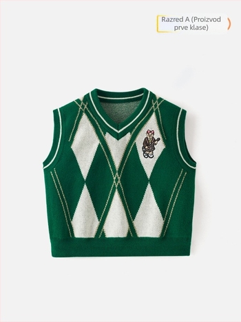 Dječja V-izrez veste od pamuka — 93,5% pamuk, preppy stil, karikaturni uzorak, za uzrast 8+, zima-proljeće-jesen