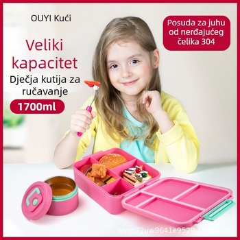 Kutija za ručak s četiri odjeljka i poklopcem – kvadratna plastična, pogodna za mikrovalnu pećnicu, kapacitet 1–2 L, zadržava toplinu, za učenike