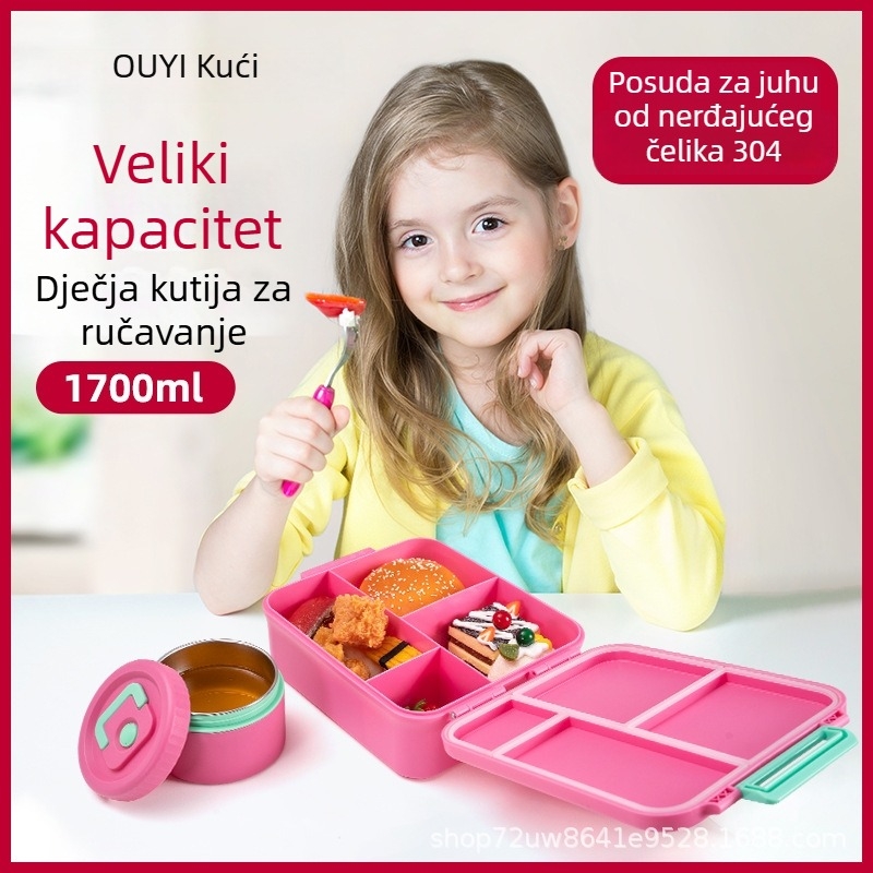 Kutija za ručak s četiri odjeljka i poklopcem – kvadratna plastična, pogodna za mikrovalnu pećnicu, kapacitet 1–2 L, zadržava toplinu, za učenike